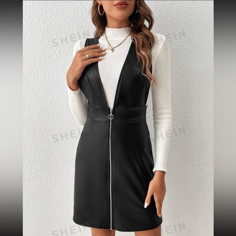 Vegan leather zip up overall dress (no sweater)